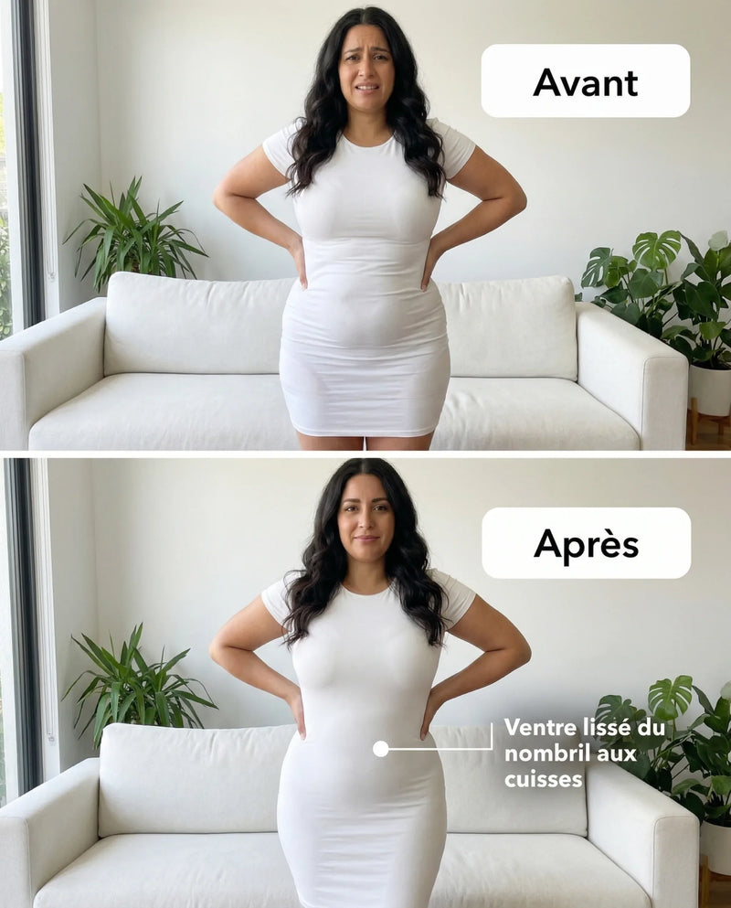 Before and after front view under a white dress